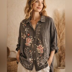 Johnny Was Style Embroidered Cotton Top XL Boho Floral Artisan Lightweight NWT